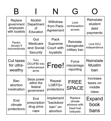 Trump 2024-2028 Presidency Bingo Card