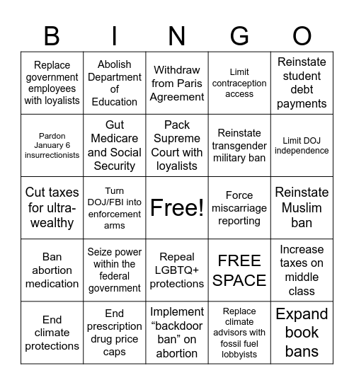 Trump 2024-2028 Presidency Bingo Card
