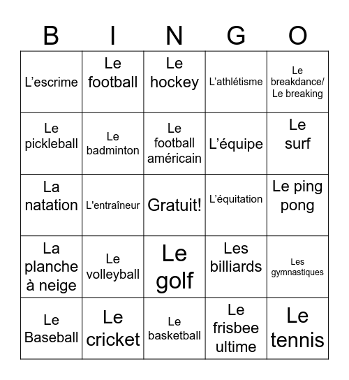 Les Sports Bingo Card