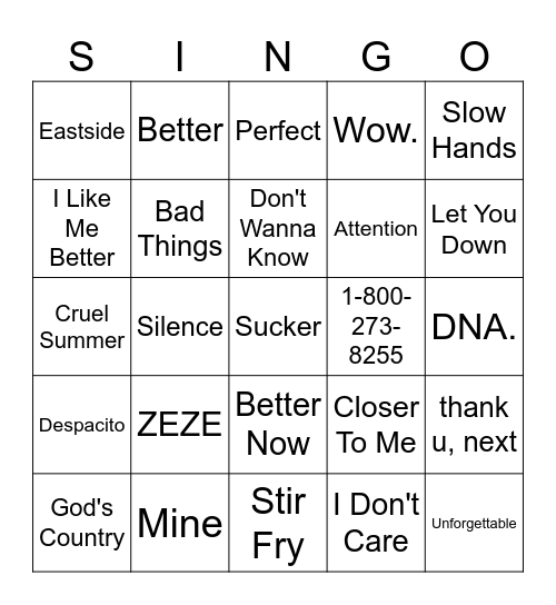 2017-2019 Hits Bingo Card