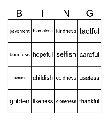 3-7 Suffixes Bingo Card