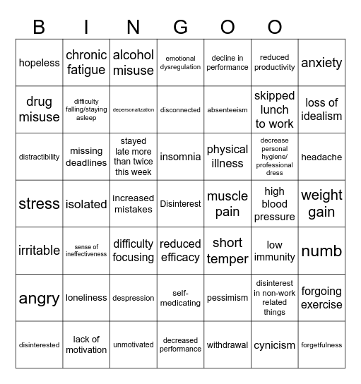 Burnout Bingo Card