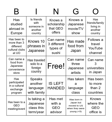 JSA Friendship Bingo GEO Edition Bingo Card
