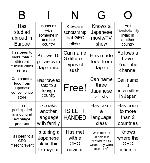 JSA Friendship Bingo GEO Edition Bingo Card