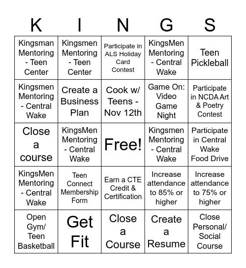 KINGS MEN BINGO Card