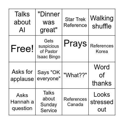 Pastor Isaac Bingo Card