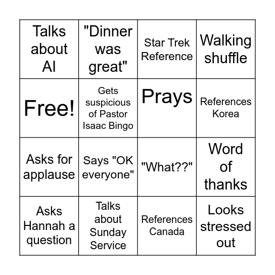 Pastor Isaac Bingo Card