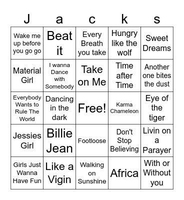 80's Pop Bingo Card