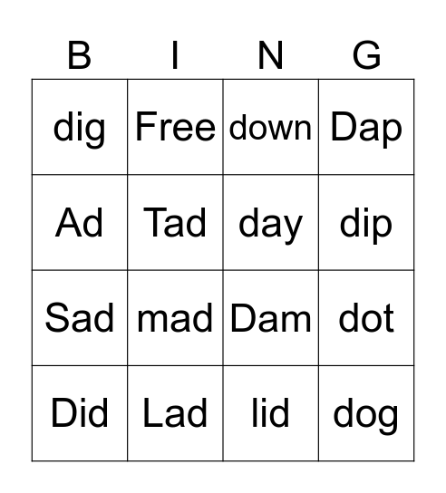 Letter d Bingo Card