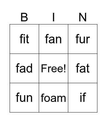 letter f Bingo Card