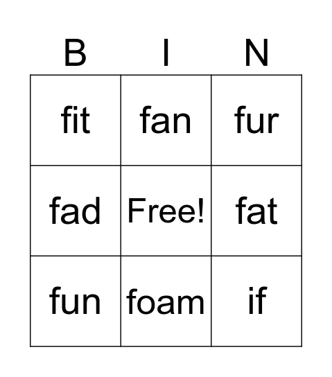 letter f Bingo Card