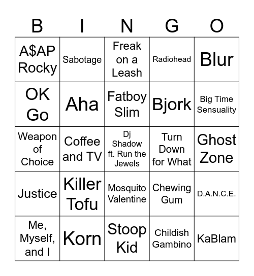 Music Videos & Nicktoons Bingo Card