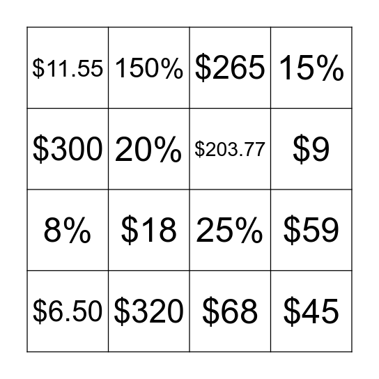 Percentage Bingo Card