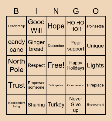 Holiday Peer Support BINGO Card