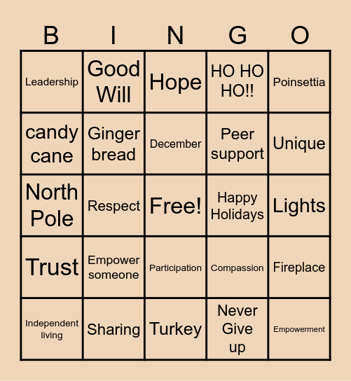 Holiday Peer Support BINGO Card