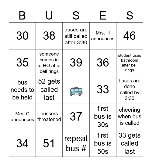 Bus Bingo! Bingo Card