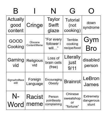 Insta reels Bingo Card