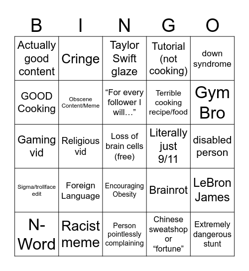 Insta reels Bingo Card