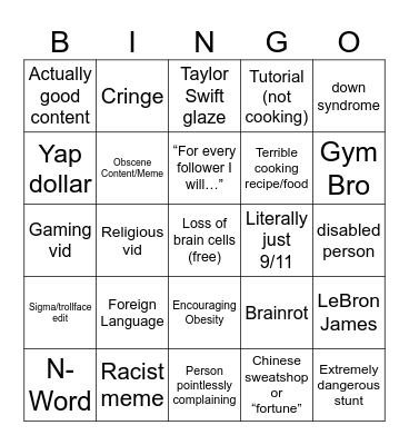 Insta reels Bingo Card