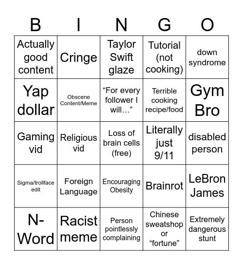 Insta reels Bingo Card