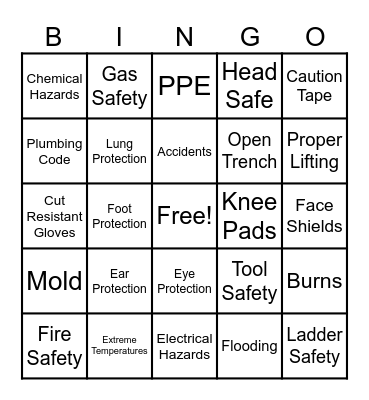 Plumbing Safety Bingo Card