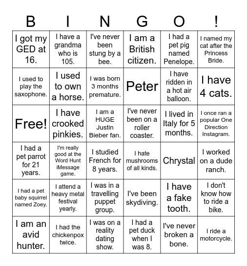 RVA Counseling Fun Fact Bingo! Bingo Card