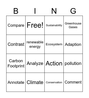 Climate Action Vocabulary Bingo Card