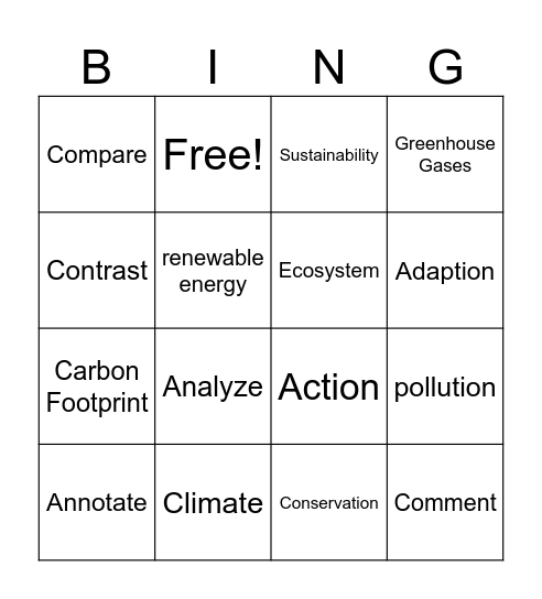 Climate Action Vocabulary Bingo Card