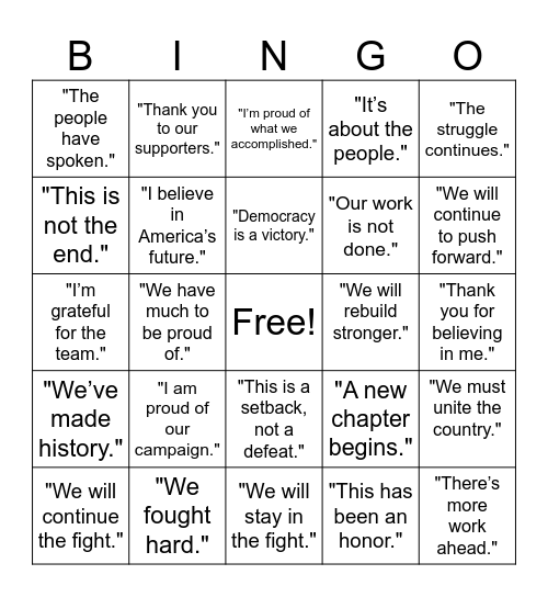 Kamala Harris Concession Speech Bingo Card