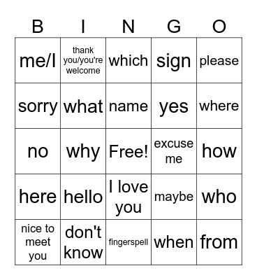 ASL Conversation Basics Bingo Card