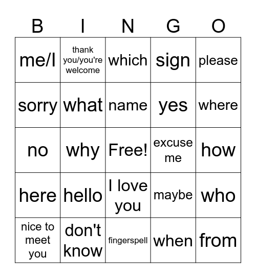 ASL Conversation Basics Bingo Card