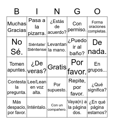 Useful Spanish Expressiones Bingo Card