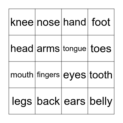 body parts Bingo Card