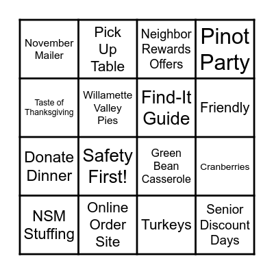 New Seasons' November BINGO Card