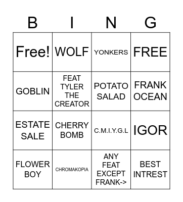 TYLER THE CREATOR Bingo Card