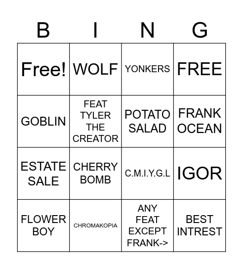 TYLER THE CREATOR Bingo Card