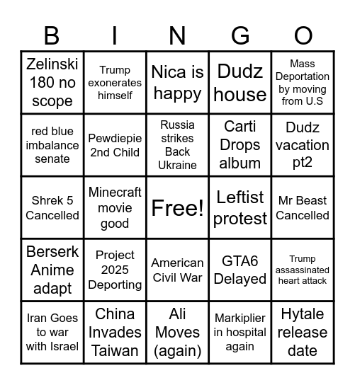 2025 Bingo Card Bingo Card