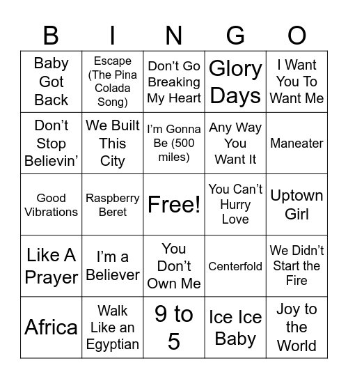 Songs we think everyone will know Bingo Card