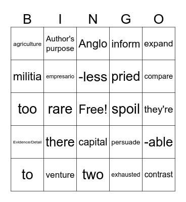 Author's Purpose/ Homophones Bingo Card