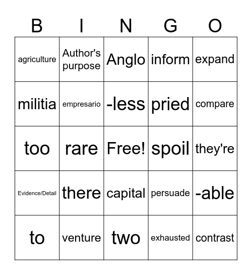 Author's Purpose/ Homophones Bingo Card