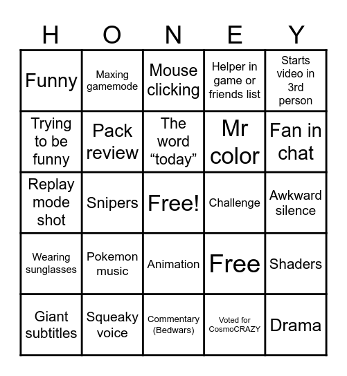 Hive YouTuber BINGO Card