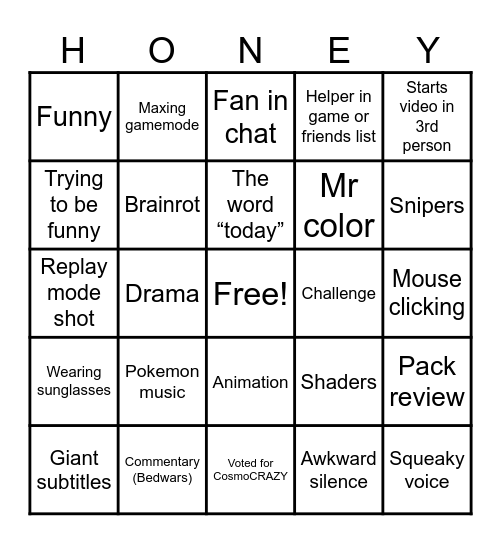 Hive YouTuber BINGO Card
