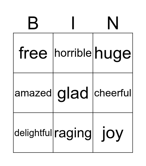 synomyms Bingo Card