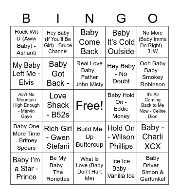 "BABY" Song Bingo Card