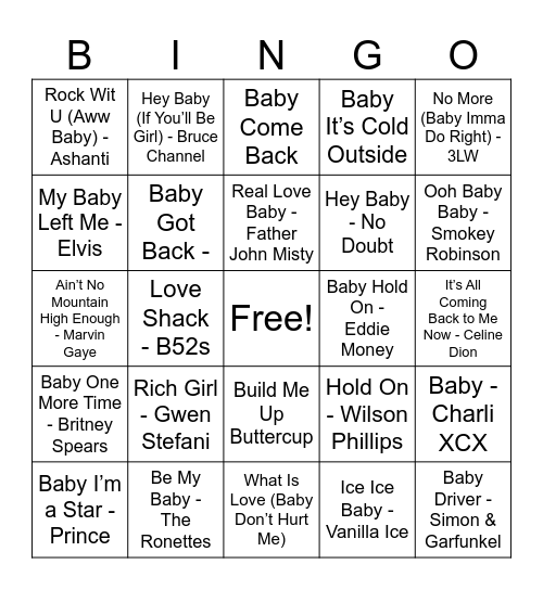 "BABY" Song Bingo Card