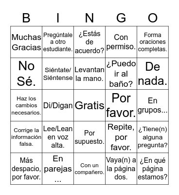 Useful Spanish Expressiones Bingo Card