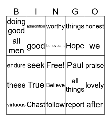 13th Article of Faith Bingo Card