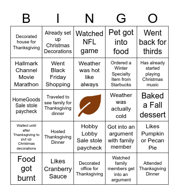Thanksgiving Bingo Card