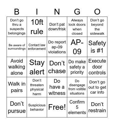 Personal Safety Bingo Card