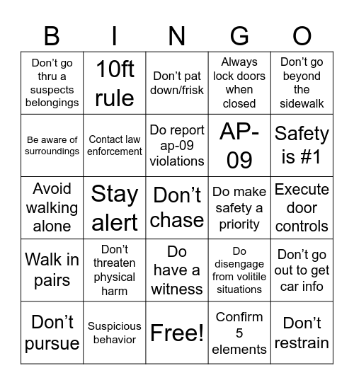 Personal Safety Bingo Card